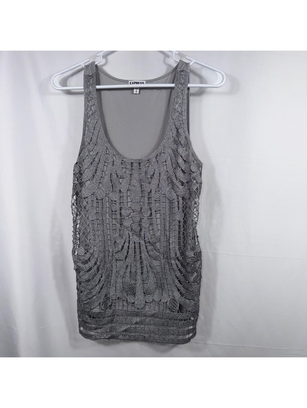 Express Metallic Lace Overlay Tank Top Gray M